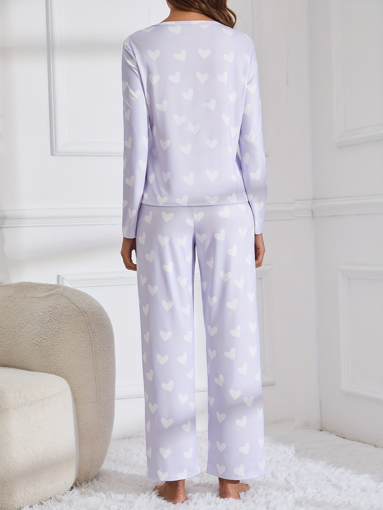 Heart Print Pajama Set Long Sleeve Top & Pants Women's Sleepwear