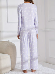 Heart Print Pajama Set Long Sleeve Top & Pants Women's Sleepwear