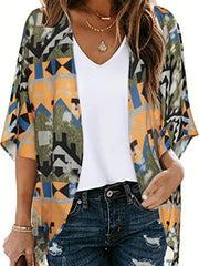 Floral Print Cover Up Shirt V Neck Loose Fit Half Sleeves Casual Kimono