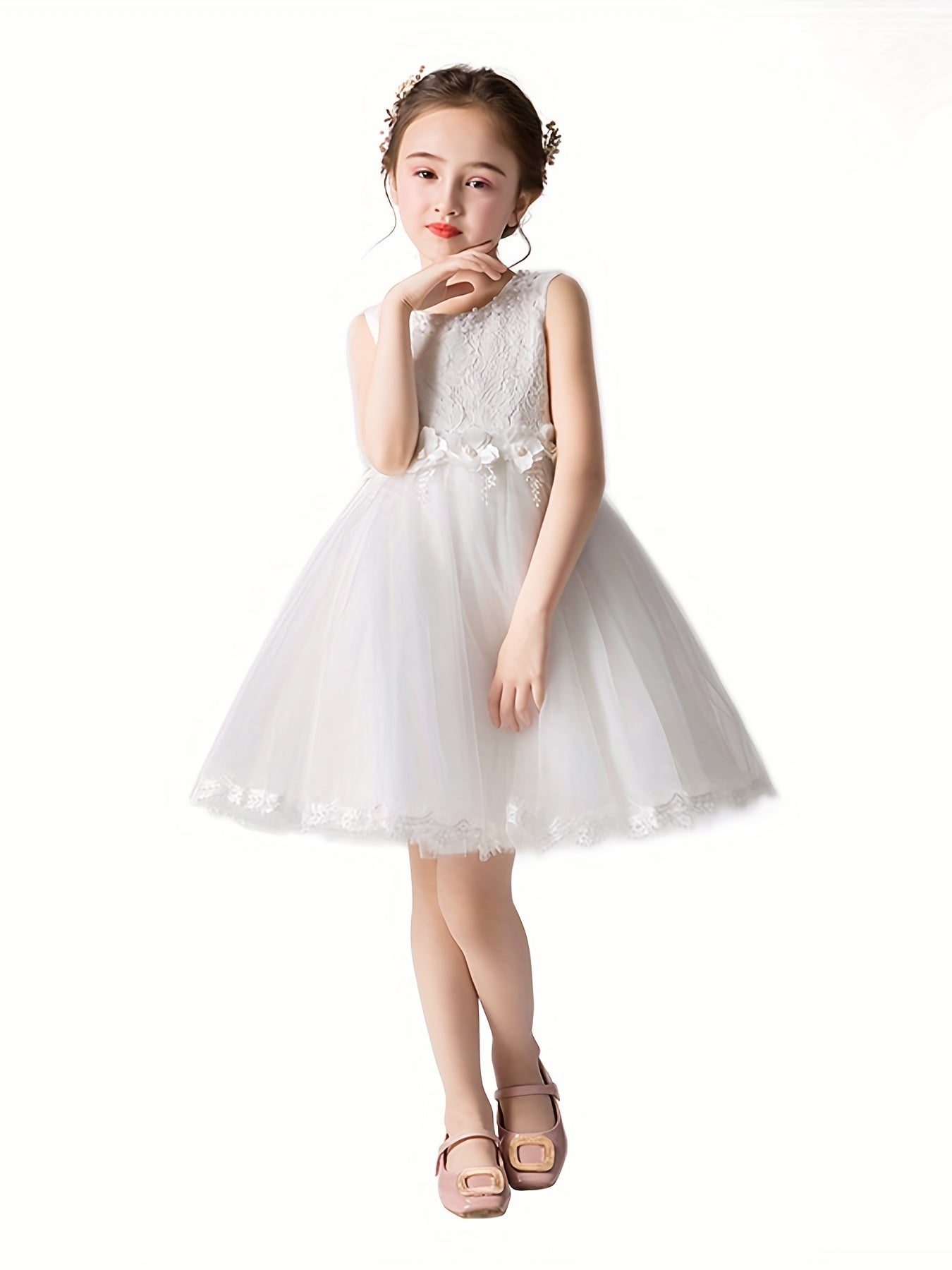 Girls Sleeveless Tutu Dress Beads Flower Appliques Party Birthday Princess Dress