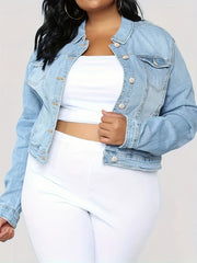Women's Plus Size Casual Denim Jacket Frayed Button Up Turn Down Collar