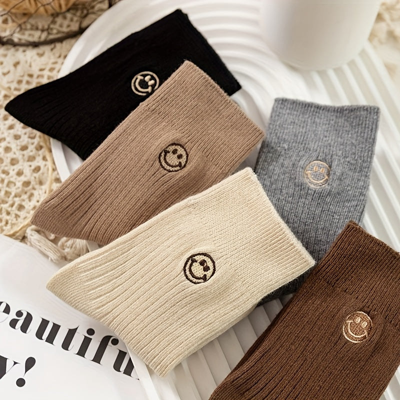 5 Pairs Kids Cotton Thick Warm Socks Embroidered Smiling Face Boys Girls Baby