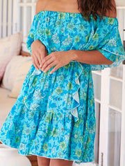 Boho Dress Women's Plus Floral Print Ruffle Trim Off Shoulder A line Mini Dress