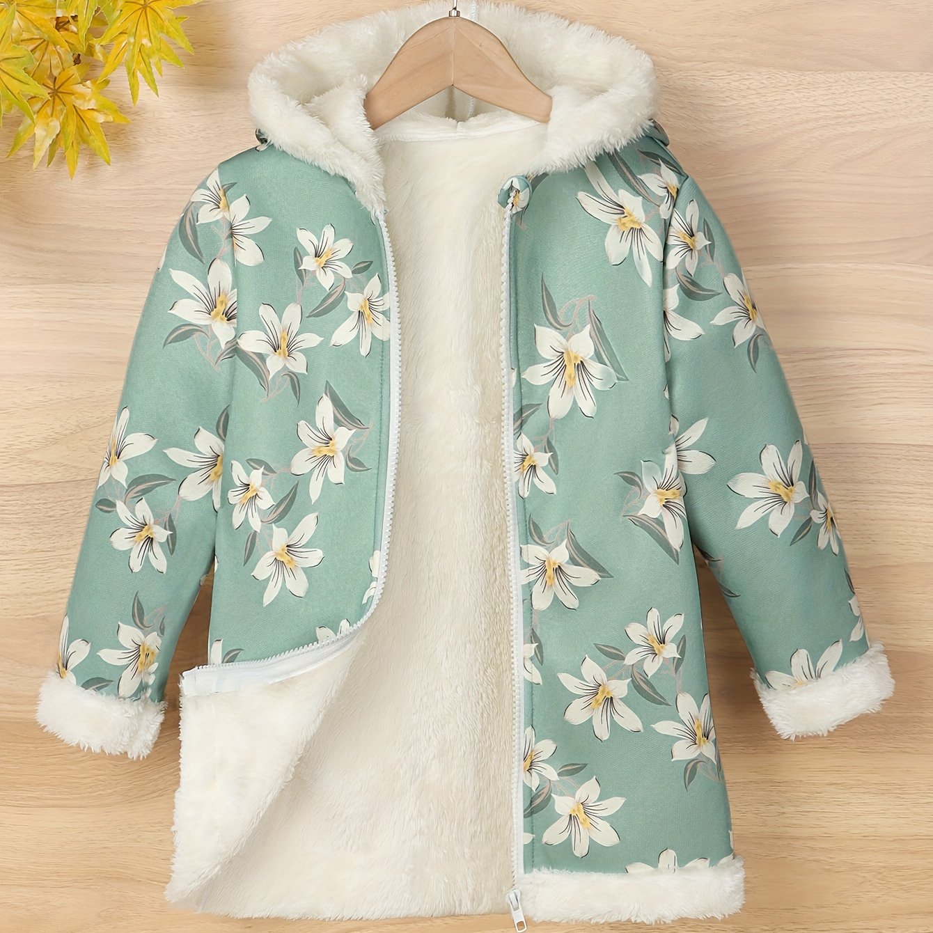 Girls Flower Print Fleece Hooded Coat Jacket, Warm for Autumn Winter