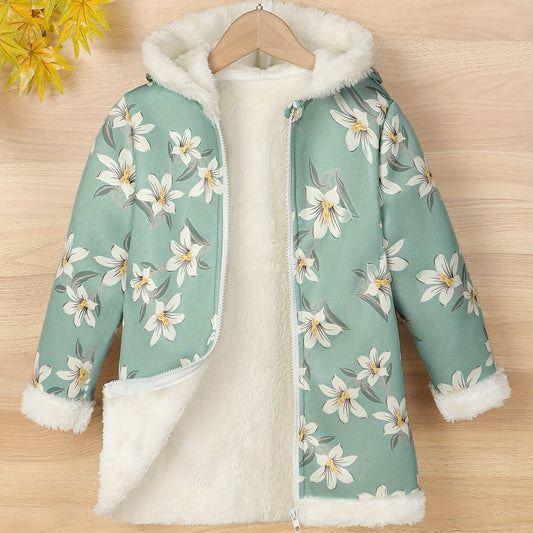 Girls Flower Print Fleece Hooded Coat Jacket, Warm for Autumn Winter