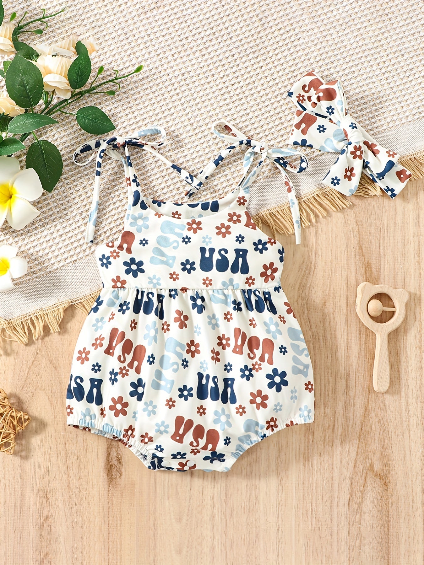 Independence Theme Printed Romper And Headdress Set