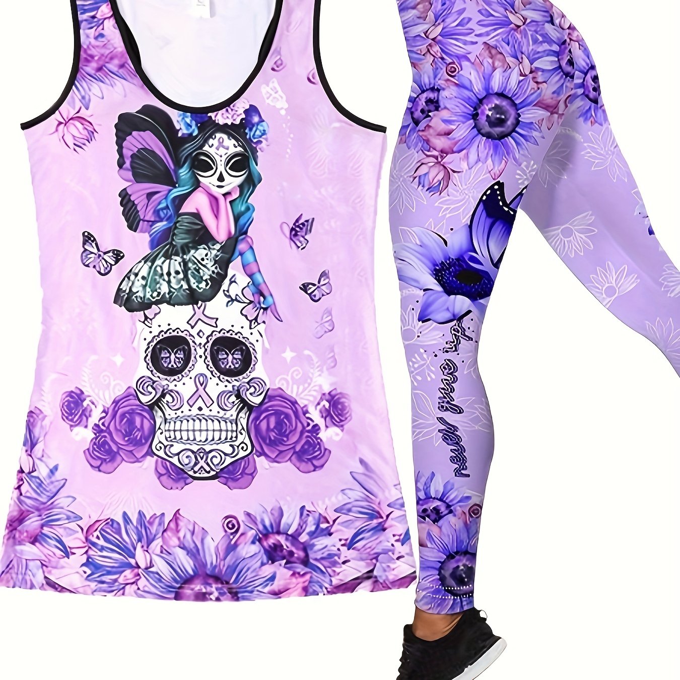 Floral & Skull Print Two piece Set Tank Top & Skinny Pants
