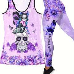 Floral & Skull Print Two piece Set Tank Top & Skinny Pants