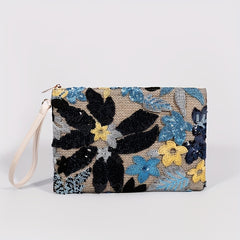 Embroidery Clutch Straw Bag Sequin Flower Handbag Women's Woven Square Purse