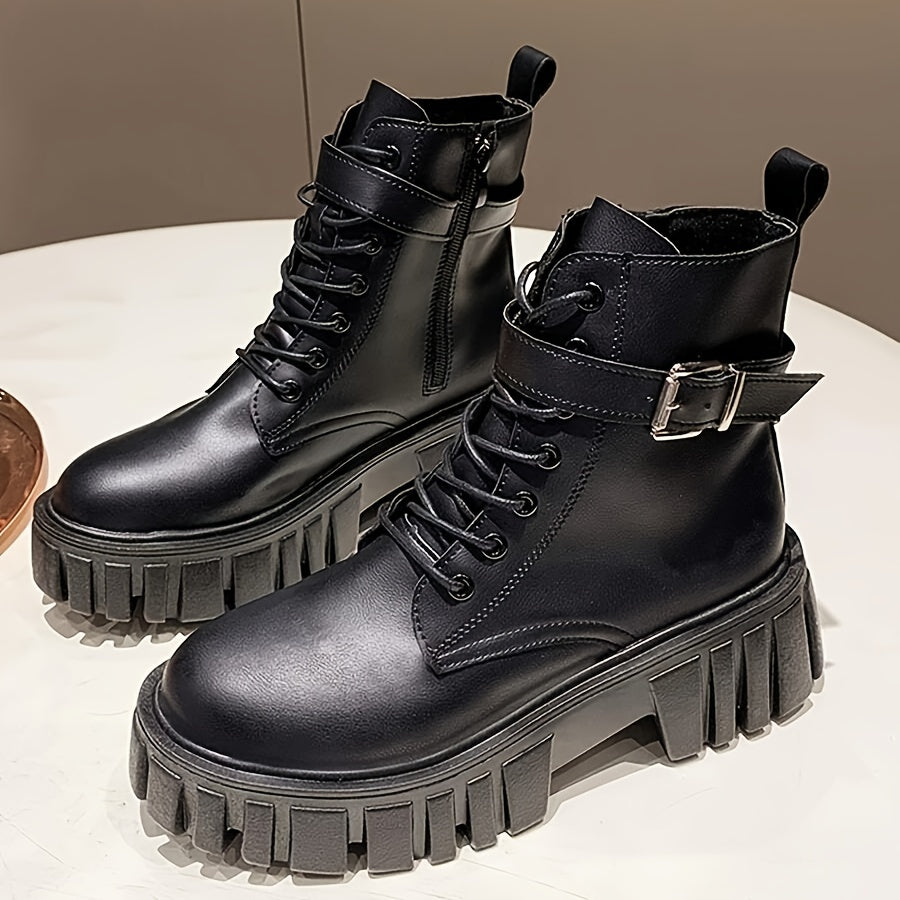 Women's Platform Combat Boots Lace Up Buckle Side Zipper Fashion Boots