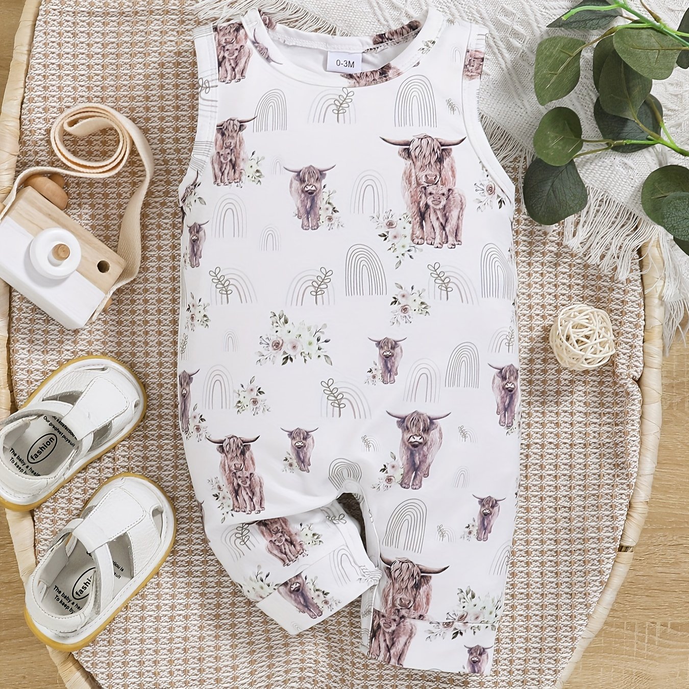 Baby Boys Bull And Flower Print Sleeveless Summer Romper