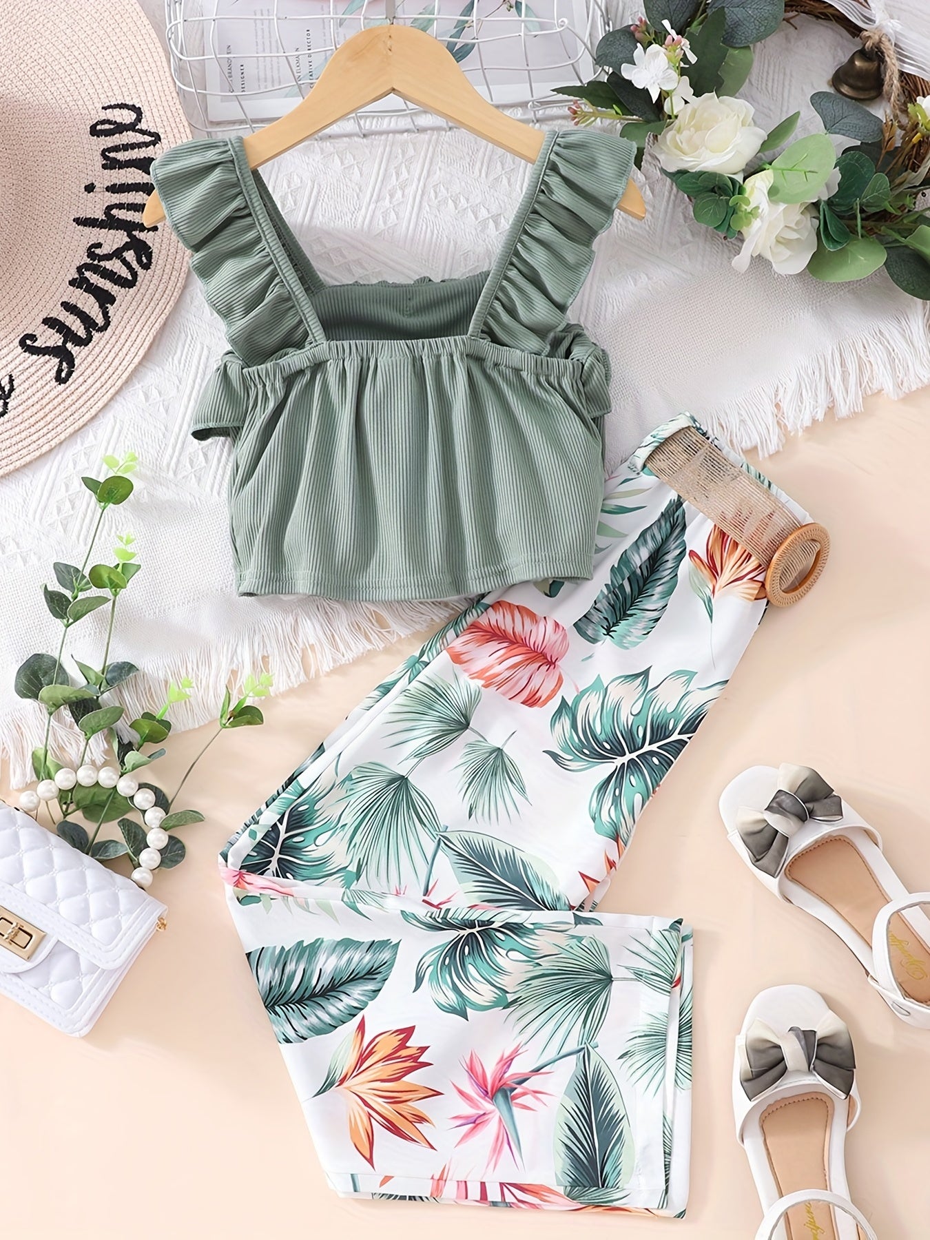 Girls 2pcs Outfits Ribbed Ruffle Tank Top & Plant Print Pants Set