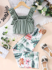 Girls 2pcs Outfits Ribbed Ruffle Tank Top & Plant Print Pants Set
