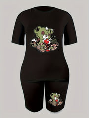 2pcs Bear Graphic Crew Neck Sports Short Sleeves & Solid Shorts