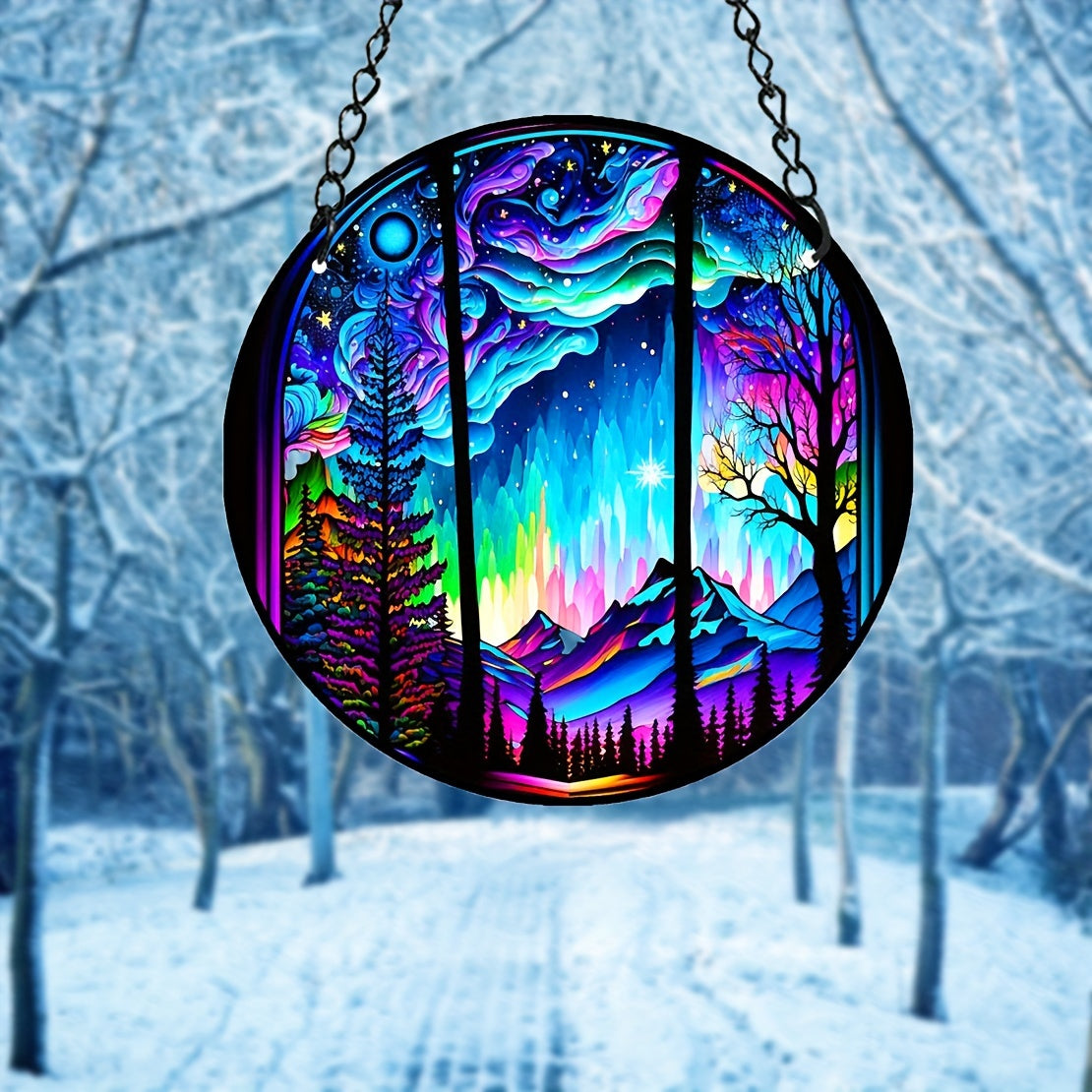 Aurora Forest Mountain Night View Suncatcher