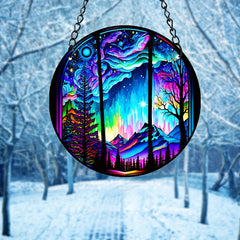 Aurora Forest Mountain Night View Suncatcher