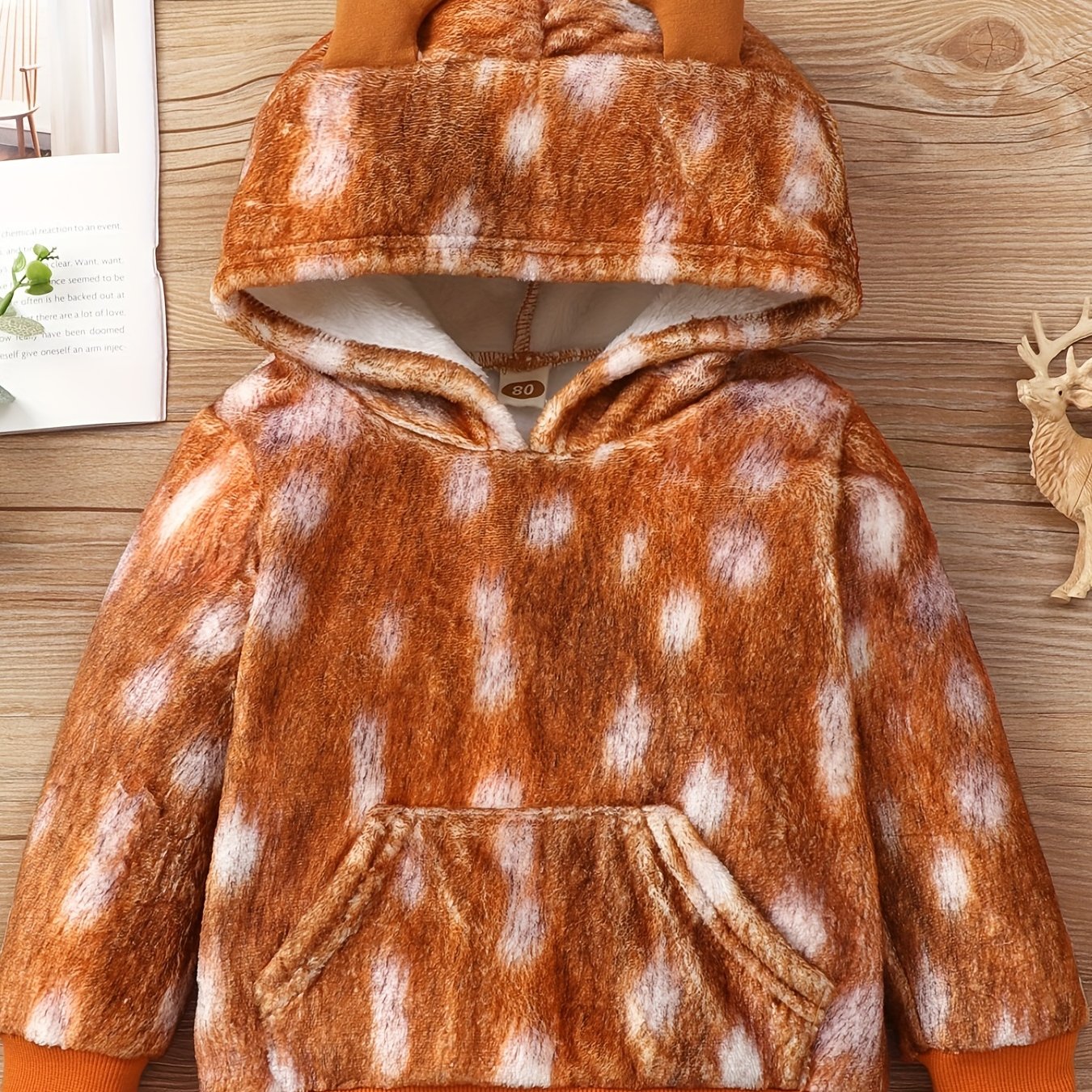 Girls Deer Print Fleece Hoodie Long Sleeve Pullover Top