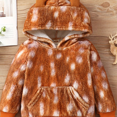 Girls Deer Print Fleece Hoodie Long Sleeve Pullover Top