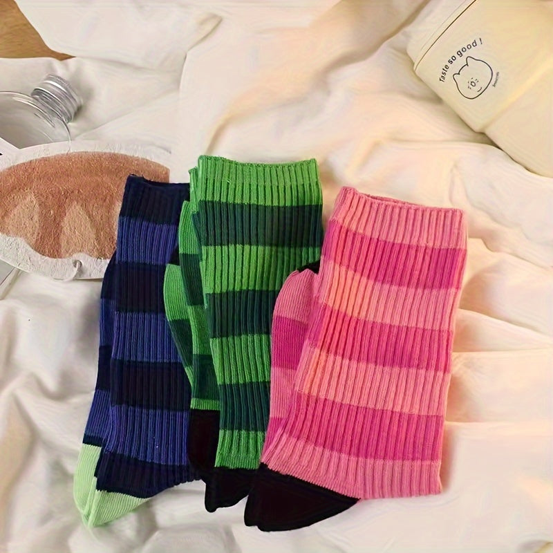 3 Pairs Crew Striped Casual Socks