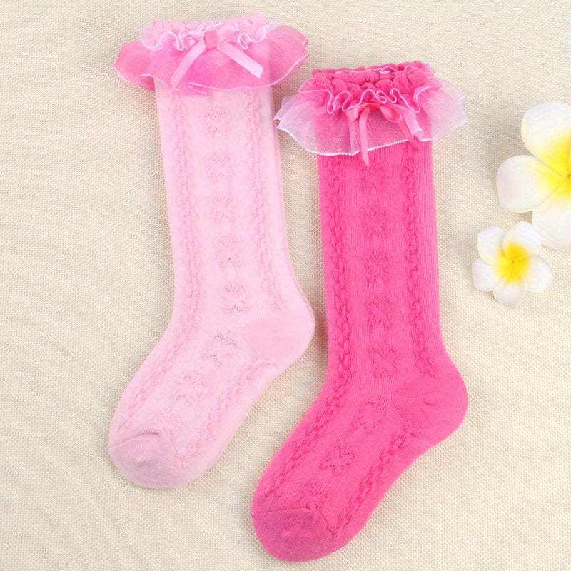 Girls Ruffled Princess Bow Knee High Socks Lace Stockings