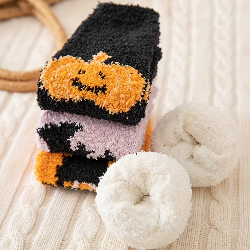4 Pairs Pumpkin & Bat Print Socks & Funny Halloween Fuzzy Socks Women's