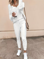 Solid Long Sleeve V Neck Top & Joggers Two Piece Set