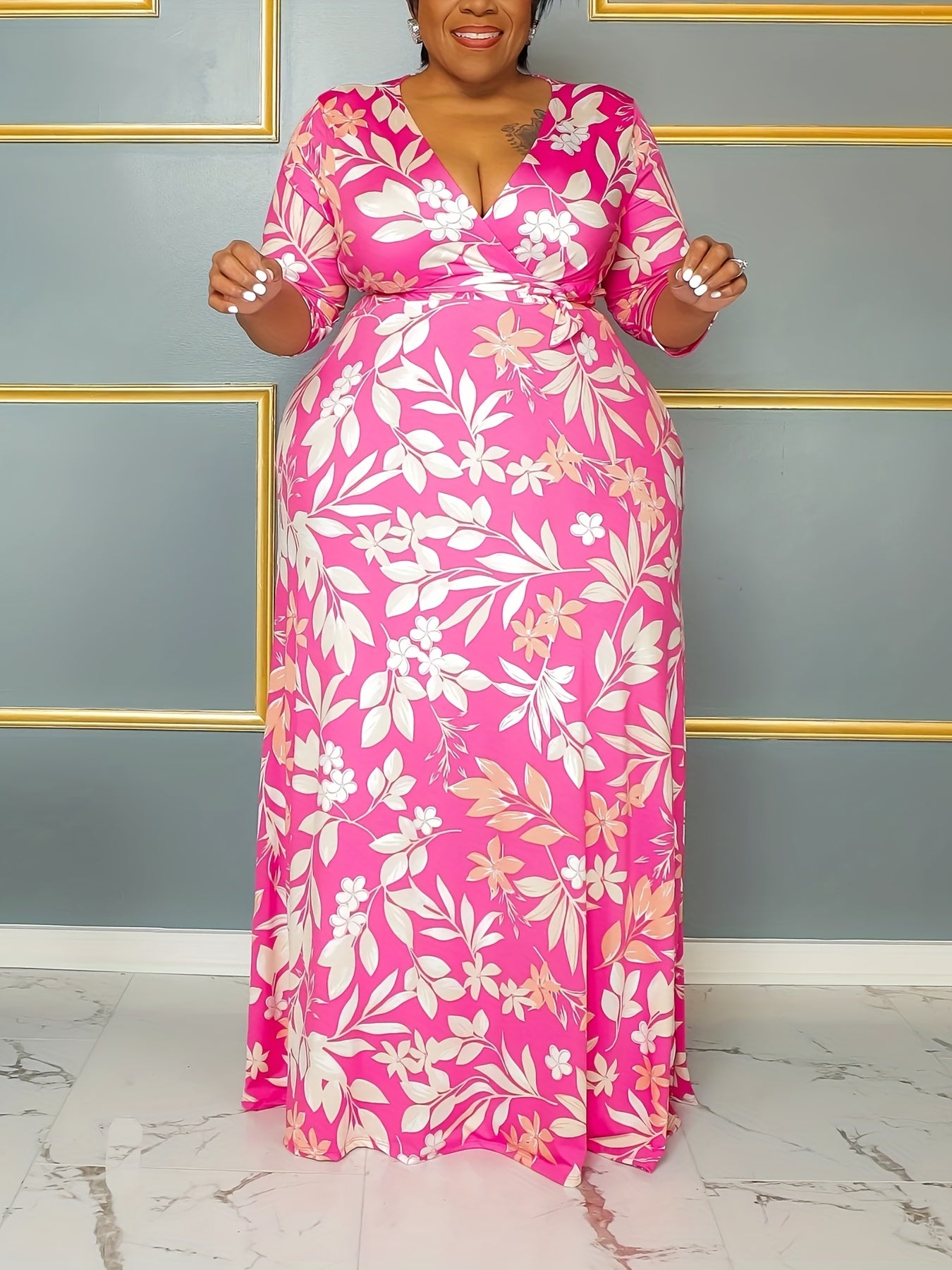 Floral Print Maxi Dress Half Sleeve Surplice Neck