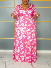 Floral Print Maxi Dress Half Sleeve Surplice Neck