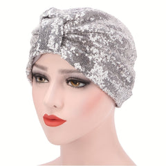Sequin Bowknot Turban Cap Elastic Head Wrap Ramadan Head Scarf for Women