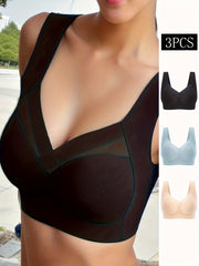 3pcs Contrast Mesh Wireless Bras Full Coverage Comfy & Breathable