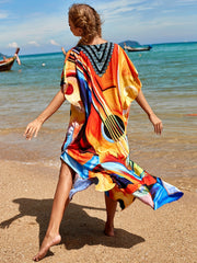 Boho Cover Up Women's Plus Abstract Guitar Print V Neck Side Split Cov