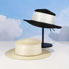 Vintage French Style Straw Jazz Hat Solid Flat Top Fedora Cap