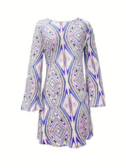 Argyle Print Flared Sleeve Round Neck Dress