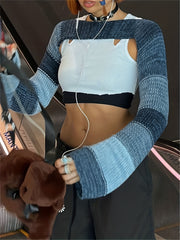 Y2K Block Knit Sweater Sexy Cropped Long Sleeve Summer Sweater
