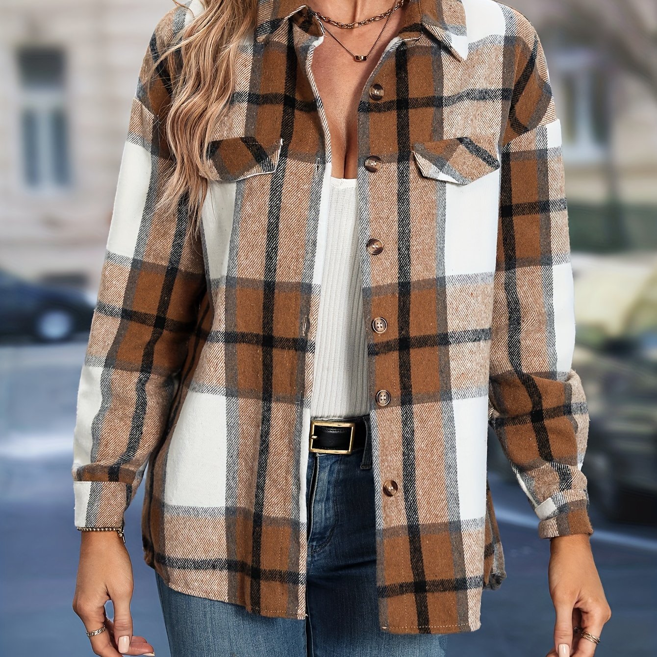 Plaid Drop Shoulder Trucker Jacket Women's Clothing
