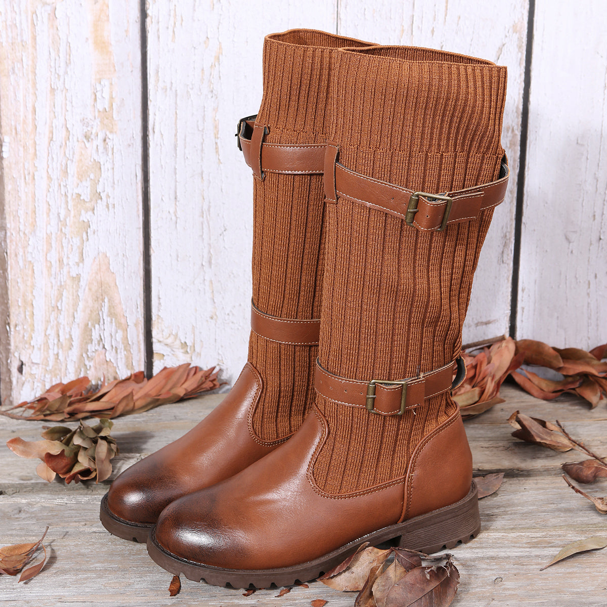 Women's Knitted Chunky Heel Mid Calf Boots