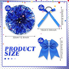 Cheerleader Pom Poms & Hair Bow Set w/ Baton Handle for Dance & Cheering
