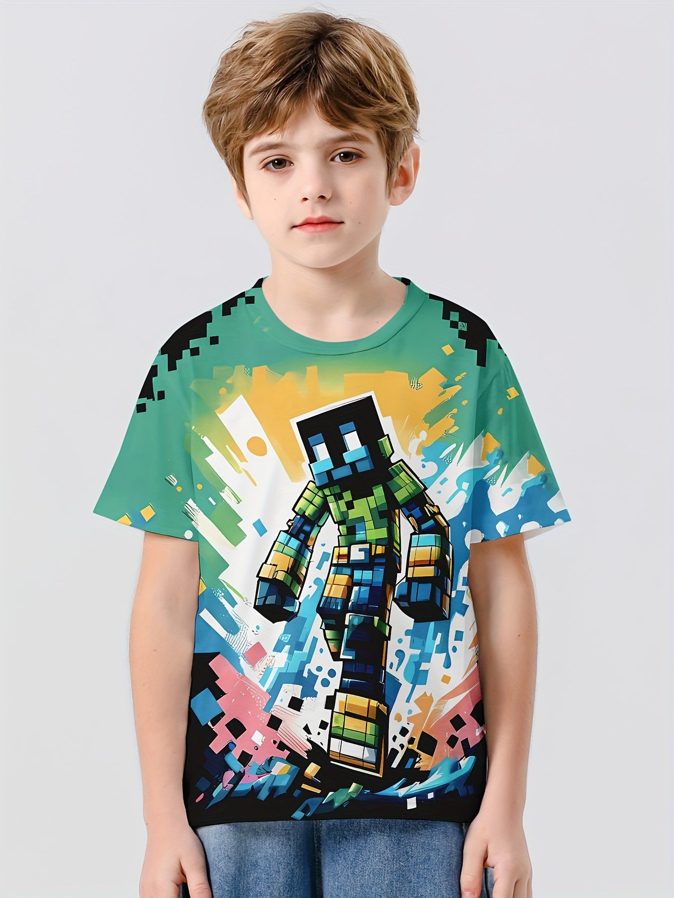 Building Block Man 3D Print Boy's Casual Tees Short Sleeve Crew Neck
