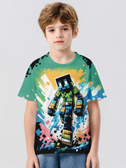 Building Block Man 3D Print Boy's Casual Tees Short Sleeve Crew Neck