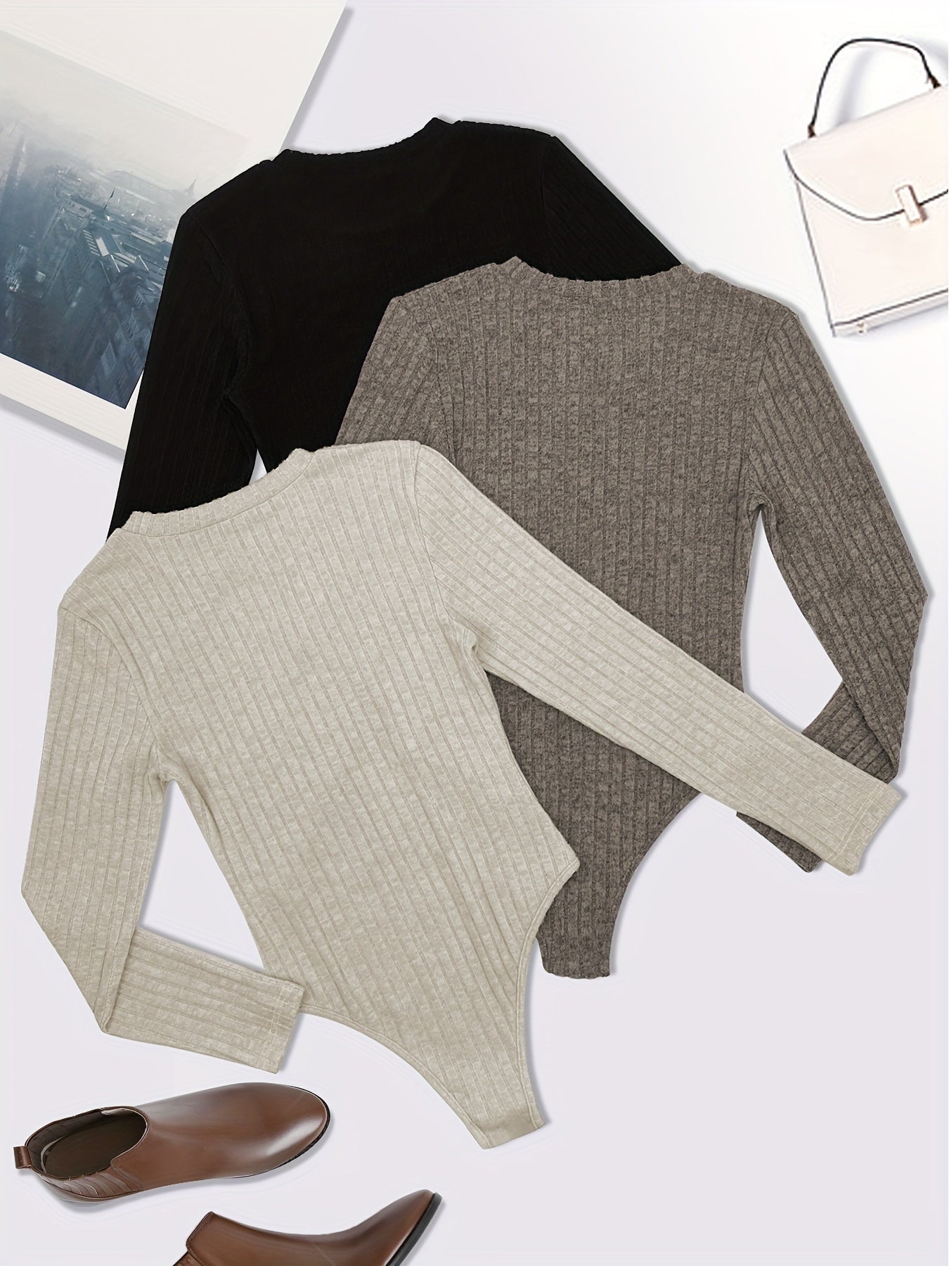 3 Pack Plus Size Ribbed Long Sleeve Round Neck Bodysuit Set