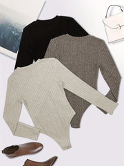 3 Pack Plus Size Ribbed Long Sleeve Round Neck Bodysuit Set