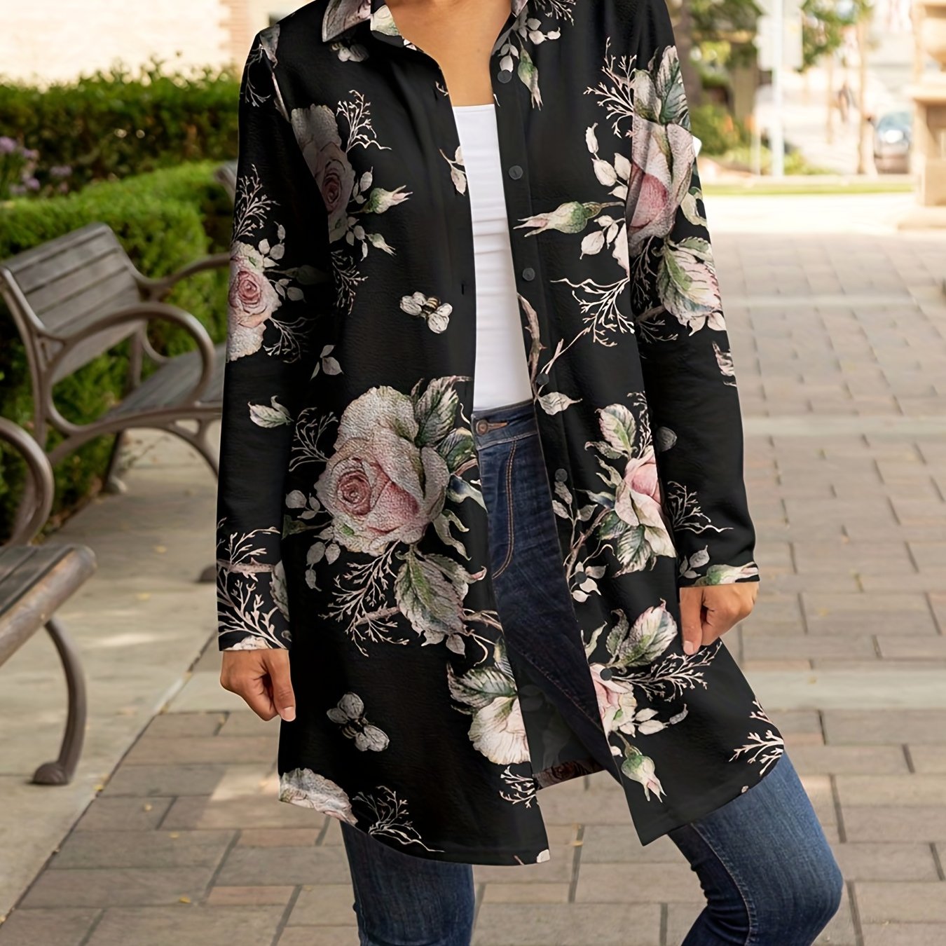Floral Print Button Up Long Sleeve Tunic Shirt