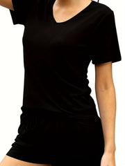 Women's Plus Solid Short Sleeve V Neck Pajama Set