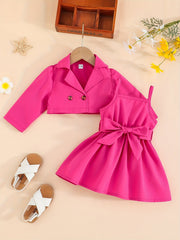 Baby Girl's 2pcs Set Lapel Long Sleeve Coat Belted Suspender Skirt Party Outfit