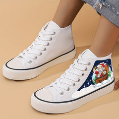 Santa Print Chunky Canvas Sneakers High Top Flat