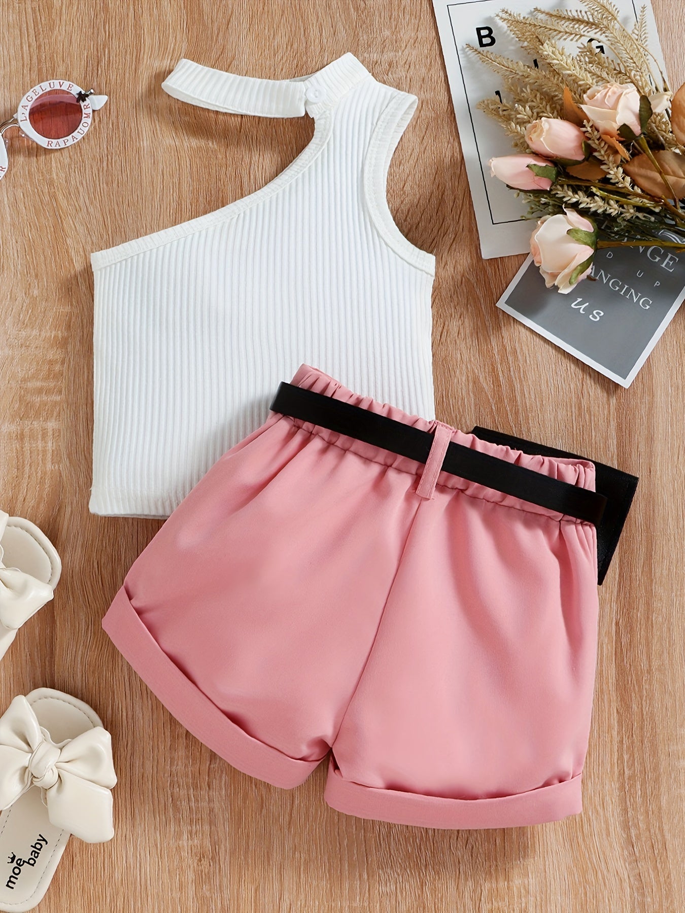 3pcs Toddler Girls One Shoulder Top & Shorts Set with Belt Bag
