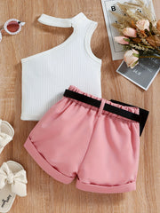 3pcs Toddler Girls One Shoulder Top & Shorts Set with Belt Bag