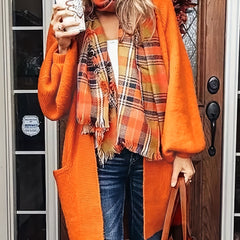 Solid Lantern Sleeve Open Front Cardigan With Pockets