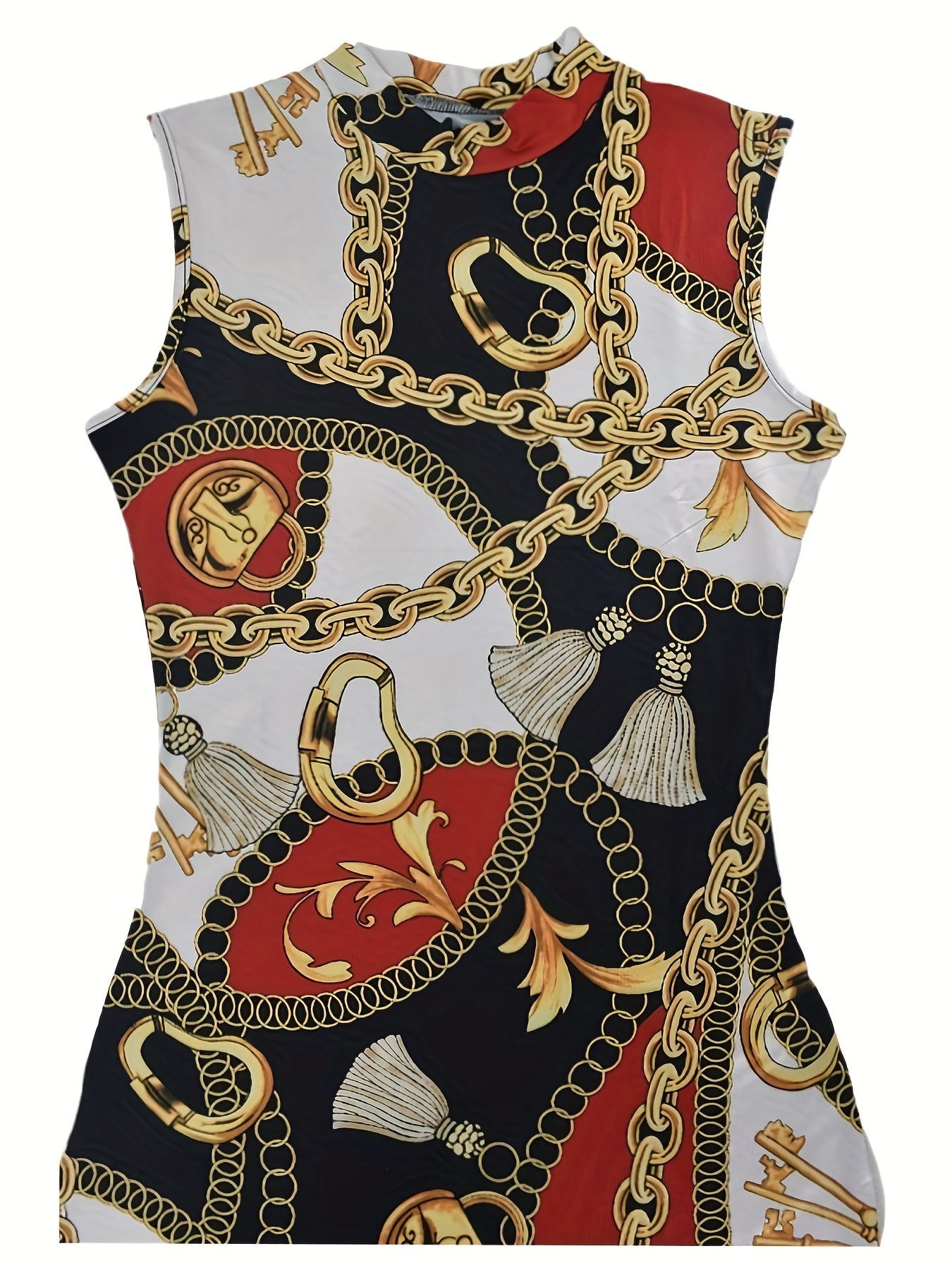 Chain Print Tank Dress Crew Neck Sleeveless Bag Hip Dress