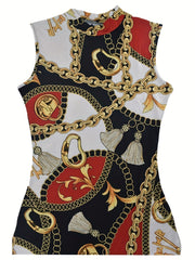 Chain Print Tank Dress Crew Neck Sleeveless Bag Hip Dress